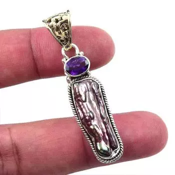 Natural Biwa Pearl, African Amethyst 925 Solid Sterling Silver Pendant 2 h2N98