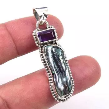 Natural Biwa Pearl,African Amethyst 925 Solid Sterling Silver Pendant 1.75 c7V68