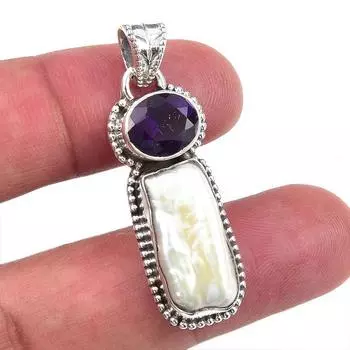 Natural Biwa Pearl,African Amethyst 925 Solid Sterling Silver Pendant 1.50 r0F17
