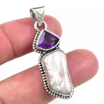 Natural Biwa Pearl,African Amethyst 925 Solid Sterling Silver Pendant 1.75 f7F45