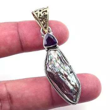 Natural Biwa Pearl,African Amethyst 925 Solid Sterling Silver Pendant 2.25 g4O74