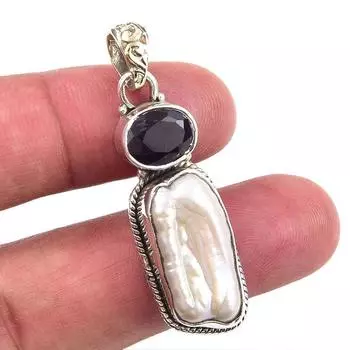 Natural Biwa Pearl,African Amethyst 925 Solid Sterling Silver Pendant 1.75 j2M81