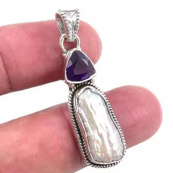 Natural Biwa Pearl,African Amethyst 925 Solid Sterling Silver Pendant 1.50 z2q21