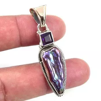 Natural Biwa Pearl,African Amethyst 925 Solid Sterling Silver Pendant 2 F7f37