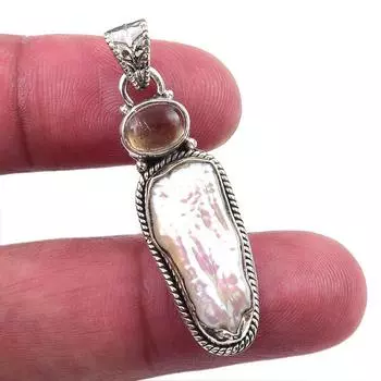 Natural Biwa Pearl, Citrine 925 Solid Sterling Silver Jewelry Pendant 1.50 s2C52