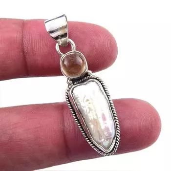 Natural Biwa Pearl, Citrine 925 Solid Sterling Silver Jewelry Pendant 1.75 F2w53