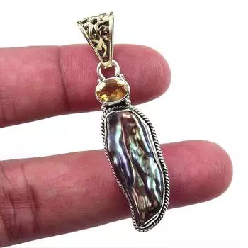 Natural Biwa Pearl, Citrine 925 Solid Sterling Silver Jewelry Pendant 2 C8b88