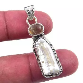 Natural Biwa Pearl, Citrine 925 Solid Sterling Silver Jewelry Pendant 1.75 H7A98