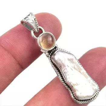 Natural Biwa Pearl,Citrine Gemstone 925 Solid Sterling Silver Pendant 1.75 e2S96