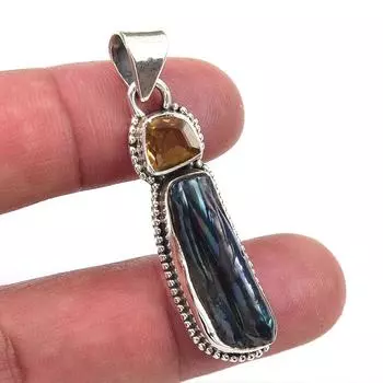Natural Biwa Pearl,Citrine Gemstone 925 Solid Sterling Silver Pendant 1.75 j9q88