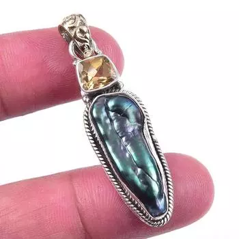 Natural Biwa Pearl,Citrine Gemstone 925 Solid Sterling Silver Pendant 1.75 Q5s52