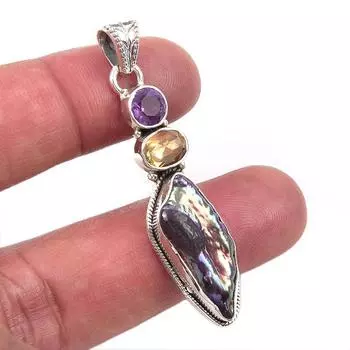 Natural Biwa Pearl,Citrine Gemstone 925 Solid Sterling Silver Pendant 2 m2b98