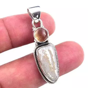 Natural Biwa Pearl,Citrine Gemstone 925 Solid Sterling Silver Pendant 1.50 Z9y18