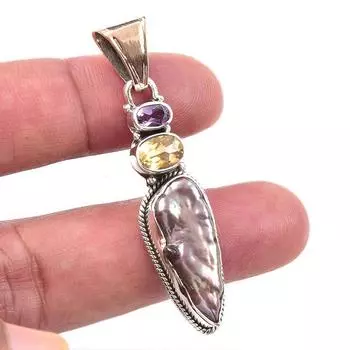 Natural Biwa Pearl,Citrine Gemstone 925 Solid Sterling Silver Pendant 2 d6o55