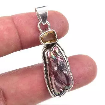 Natural Biwa Pearl,Citrine Gemstone 925 Solid Sterling Silver Pendant 1.75 f6T79