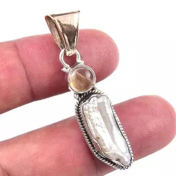 Natural Biwa Pearl,Citrine Gemstone 925 Solid Sterling Silver Pendant 1.75 V3V23