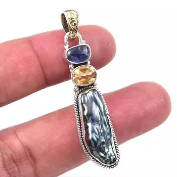 Natural Biwa Pearl,Citrine Gemstone 925 Solid Sterling Silver Pendant 2 Q3Y25