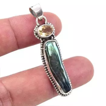Natural Biwa Pearl,Citrine Gemstone 925 Solid Sterling Silver Pendant 1.75 T2k10