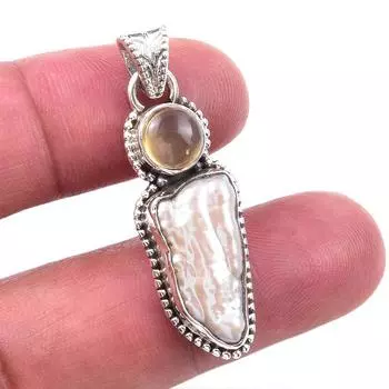Natural Biwa Pearl,Citrine Gemstone 925 Solid Sterling Silver Pendant 1.50 L9u09