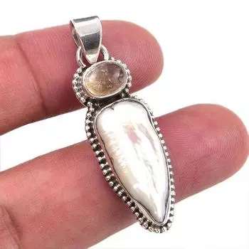 Natural Biwa Pearl,Citrine Gemstone 925 Solid Sterling Silver Pendant 1.75 C7z65