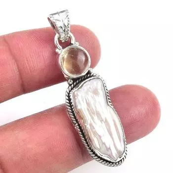 Natural Biwa Pearl,Citrine Gemstone 925 Solid Sterling Silver Pendant 1.75 L8k19