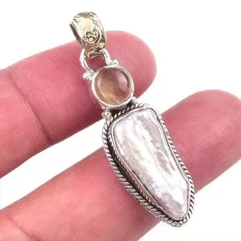 Natural Biwa Pearl,Citrine Gemstone 925 Solid Sterling Silver Pendant 1.75 l0Z44