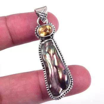 Natural Biwa Pearl,Citrine Gemstone 925 Solid Sterling Silver Pendant 2 T0w08
