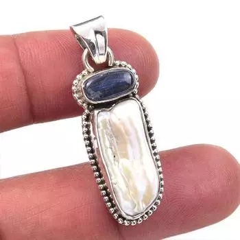 Natural Biwa Pearl,Kyanite Gemstone 925 Solid Sterling Silver Pendant 1.50 P0u58