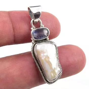 Natural Biwa Pearl,Kyanite Gemstone 925 Solid Sterling Silver Pendant 1.50 T9K69