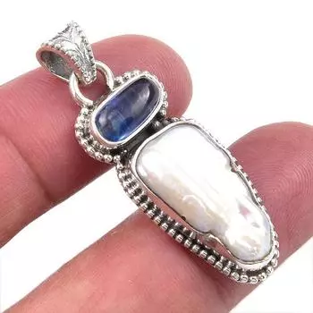 Natural Biwa Pearl,Kyanite Gemstone 925 Solid Sterling Silver Pendant 1.50 I1s76