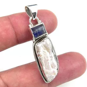 Natural Biwa Pearl,Kyanite Gemstone 925 Solid Sterling Silver Pendant 1.75 L6L69