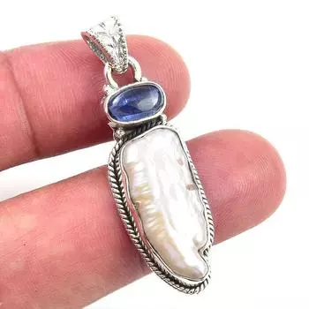 Natural Biwa Pearl,Kyanite Gemstone 925 Solid Sterling Silver Pendant 1.75 O9k24