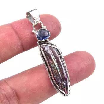 Natural Biwa Pearl,Kyanite Gemstone 925 Solid Sterling Silver Pendant 2 d9G23