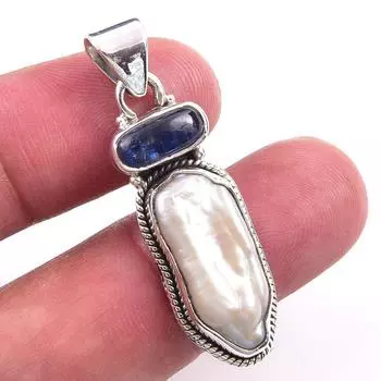 Natural Biwa Pearl,Kyanite Gemstone 925 Solid Sterling Silver Pendant 1.50 r7d90