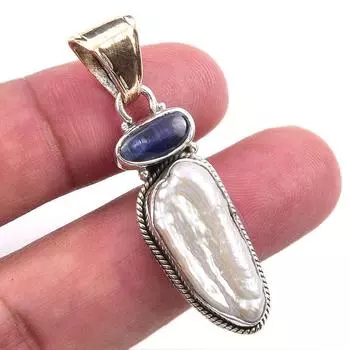 Natural Biwa Pearl,Kyanite Gemstone 925 Solid Sterling Silver Pendant 2 K2c31