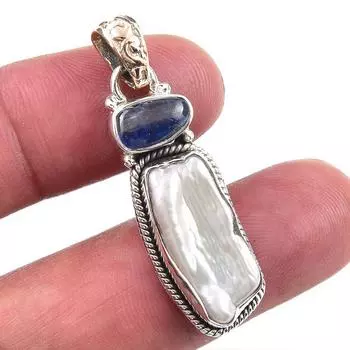 Natural Biwa Pearl,Kyanite Gemstone 925 Solid Sterling Silver Pendant 1.75 W2s75