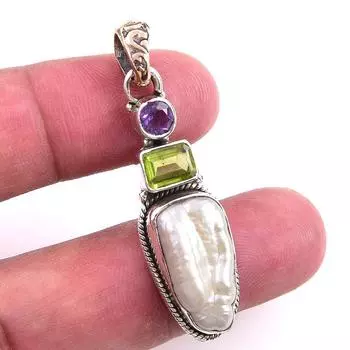Natural Biwa Pearl,Peridot Gemstone 925 Solid Sterling Silver Pendant 1.75 d7v33