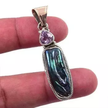 Natural Biwa Pearl, Pink Amethyst 925 Solid Sterling Silver Pendant 2.25 f5y35