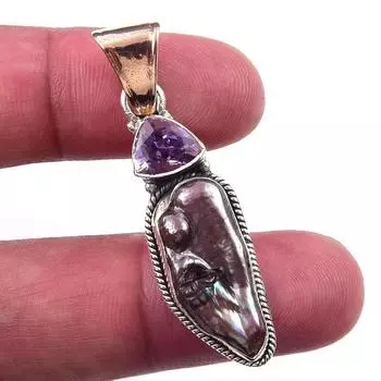 Natural Biwa Pearl, Pink Amethyst 925 Solid Sterling Silver Pendant 2 K6T83