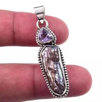Natural Biwa Pearl, Pink Amethyst 925 Solid Sterling Silver Pendant 1.75 H7Y86