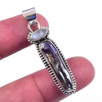 Natural Biwa Pearl,Rainbow Moonstone 925 Solid Silver Jewelry Pendant 1.75 m0u40