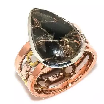 Natural Black Copper Tourqoise Two Tone 925 Solid Silver Jewelry Ring S.7.5 Z6Z49