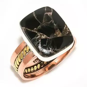 Natural Black Copper Tourqoise Two Tone 925 Solid Silver Gift Ring S.10.5 W8K26