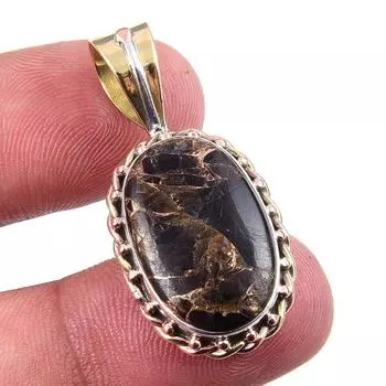 Natural Black Copper Turquoise 925 Solid Silver TwoTone Gift Pendant 1.5 b5h96