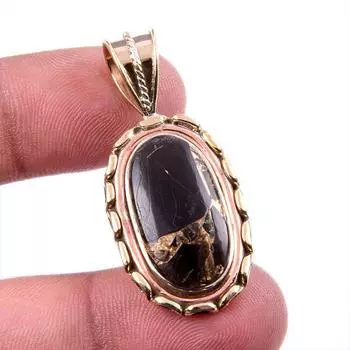 Natural Black Copper Turquoise 925 Solid Silver TwoTone Gift Pendant 1.5 g6O45