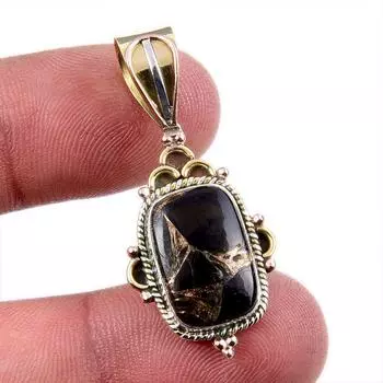 Natural Black Copper Turquoise 925 Solid Silver TwoTone Gift Pendant 1.5 P4i59