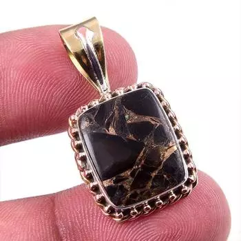 Natural Black Copper Turquoise 925 Solid Silver Gift TwoTone Pendant 1.25 J6g39