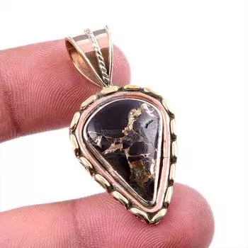 Natural Black Copper Turquoise 925 Solid Silver TwoTone Gift Pendant 1.5 z3Y55