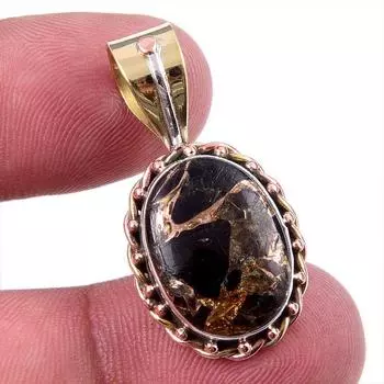 Natural Black Copper Turquoise 925 Solid Silver Gift TwoTone Pendant 1.25 F6h67