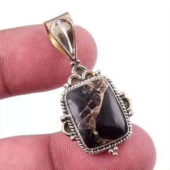 Natural Black Copper Turquoise 925 Solid Silver Gift TwoTone Pendant 1.50 f9P77